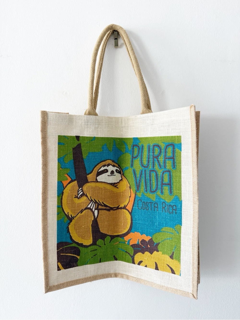 Costa Rica Pura Vida Sloth Rainforest Jute Burlap Souvenir Market Tote Bag